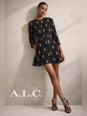 A.L.C. Black Silk Mini Dress Floral Print size 8 Casual Luxury Chic dress